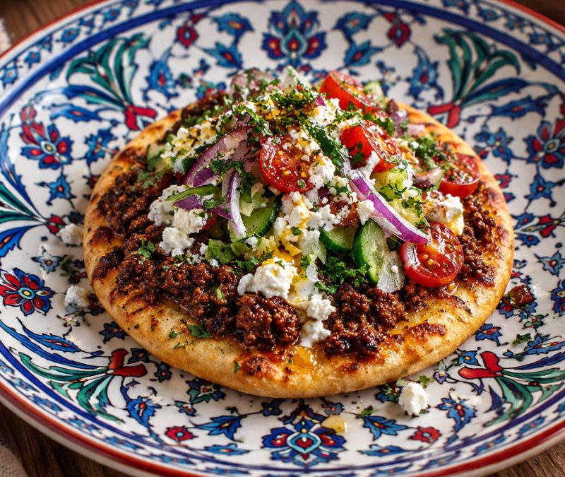 Mediterranean Ground Beef Flatbread with Hot Honey Feta Cream